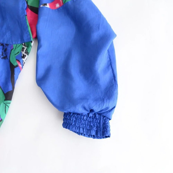 Vintage TanJay Blue Nylon Pink & Green Abstract Design Light Bomber Jacket XS - Picture 6 of 14